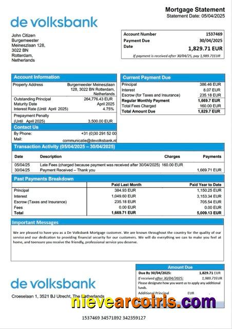 Netherlands De Volksbank mortgage statement Word and PDF template